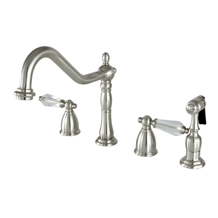Wilshire KB1798WLLBS Two-Handle 4-Hole Deck Mount Widespread Kitchen Faucet with Brass Sprayer, Brushed Nickel