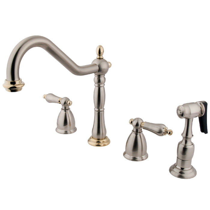 Heritage KB1799ALBS Two-Handle 4-Hole Deck Mount Widespread Kitchen Faucet with Brass Sprayer, Brushed Nickel/Polished Brass