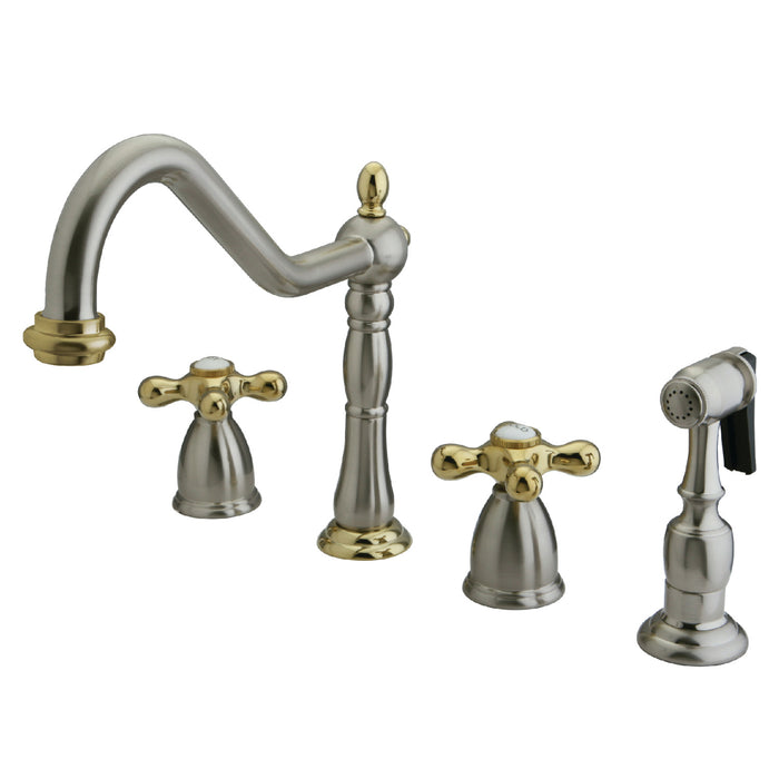 Heritage KB1799AXBS Two-Handle 4-Hole Deck Mount Widespread Kitchen Faucet with Brass Sprayer, Brushed Nickel/Polished Brass