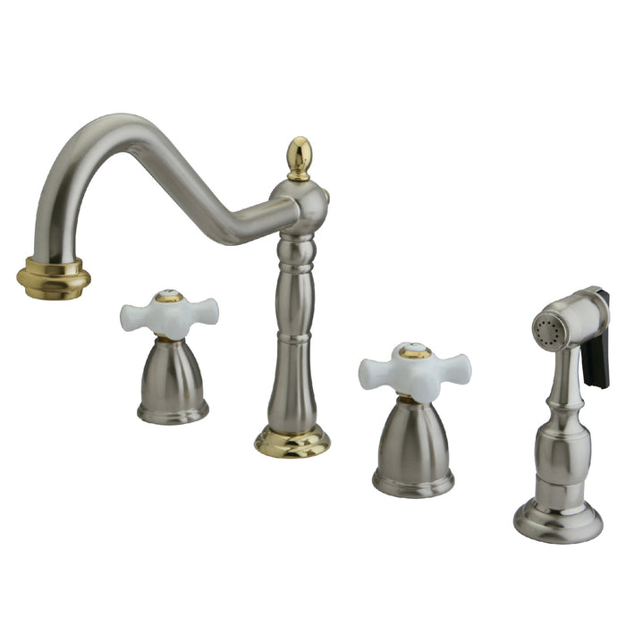 Heritage KB1799PXBS Two-Handle 4-Hole Deck Mount Widespread Kitchen Faucet with Brass Sprayer, Brushed Nickel/Polished Brass
