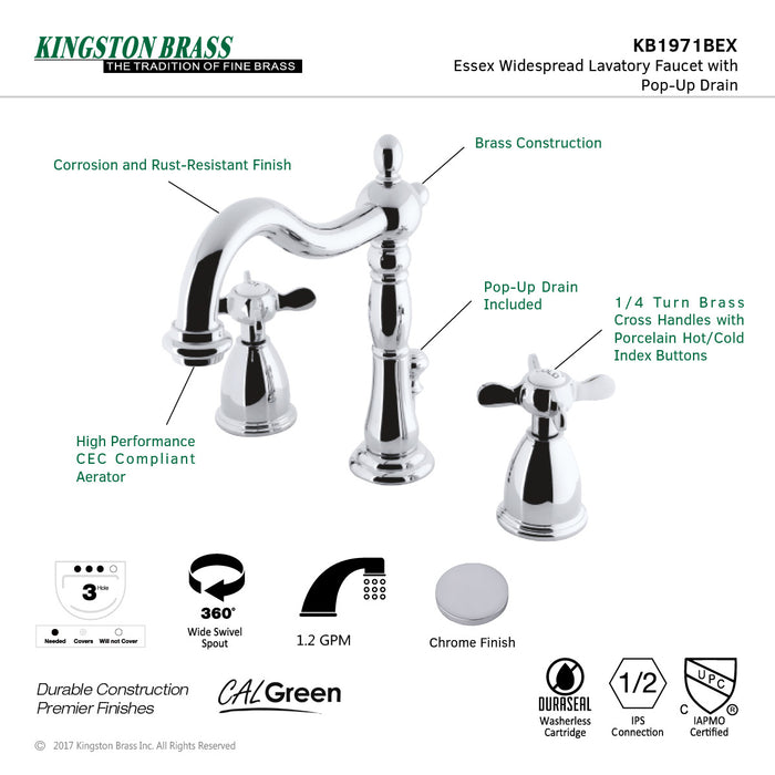 Essex KB1971BEX Two-Handle 3-Hole Deck Mount Widespread Bathroom Faucet with Plastic Pop-Up, Polished Chrome