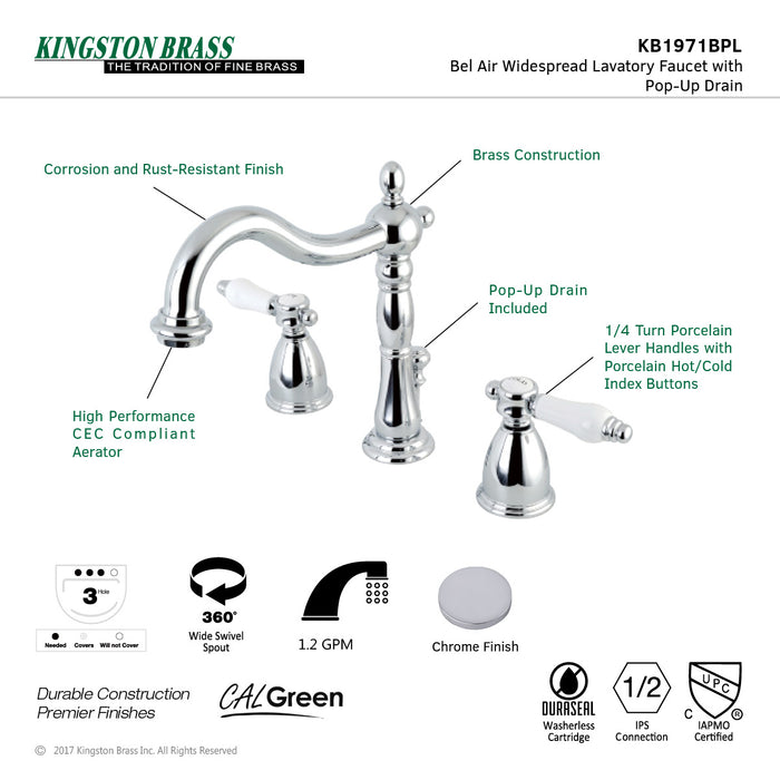 Bel-Air KB1971BPL Two-Handle 3-Hole Deck Mount Widespread Bathroom Faucet with Plastic Pop-Up, Polished Chrome