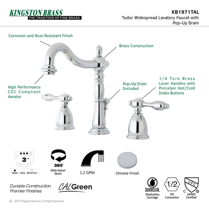 Tudor KB1971TAL Two-Handle 3-Hole Deck Mount Widespread Bathroom Faucet with Plastic Pop-Up, Polished Chrome