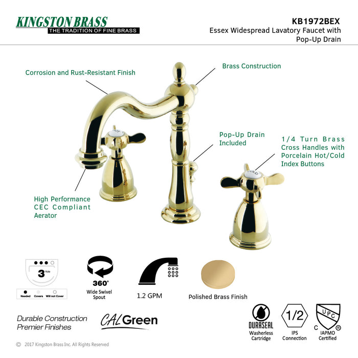 Essex KB1972BEX Two-Handle 3-Hole Deck Mount Widespread Bathroom Faucet with Brass Pop-Up, Polished Brass