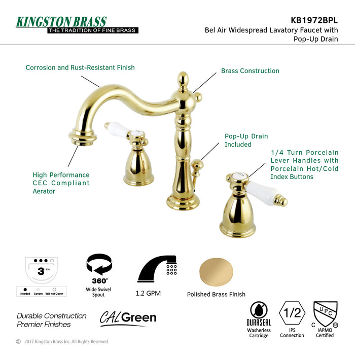 Bel-Air KB1972BPL Two-Handle 3-Hole Deck Mount Widespread Bathroom Faucet with Brass Pop-Up, Polished Brass