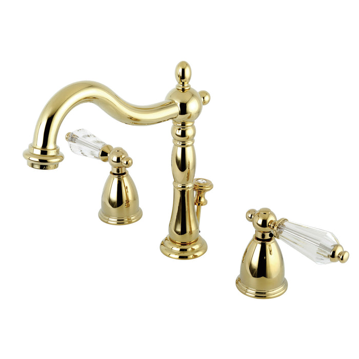 Wilshire KB1972WLL Two-Handle 3-Hole Deck Mount Widespread Bathroom Faucet with Brass Pop-Up, Polished Brass