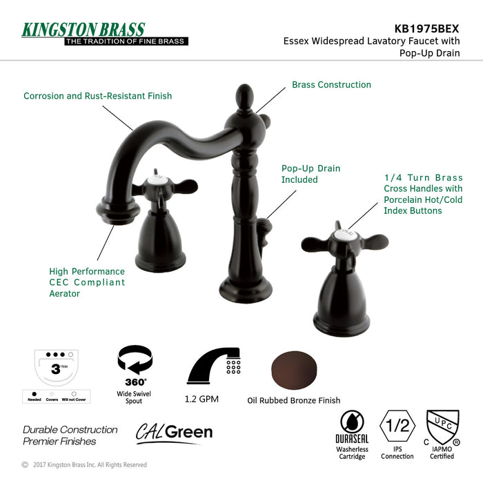 Essex KB1975BEX Two-Handle 3-Hole Deck Mount Widespread Bathroom Faucet with Plastic Pop-Up, Oil Rubbed Bronze
