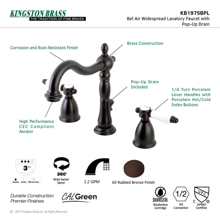 Bel-Air KB1975BPL Two-Handle 3-Hole Deck Mount Widespread Bathroom Faucet with Plastic Pop-Up, Oil Rubbed Bronze
