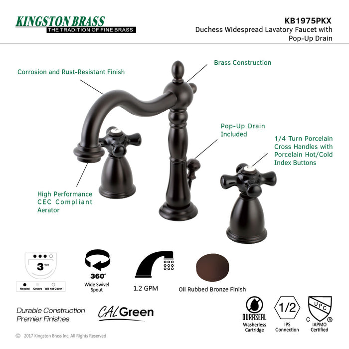 Duchess KB1975PKX Two-Handle 3-Hole Deck Mount Widespread Bathroom Faucet with Plastic Pop-Up, Oil Rubbed Bronze