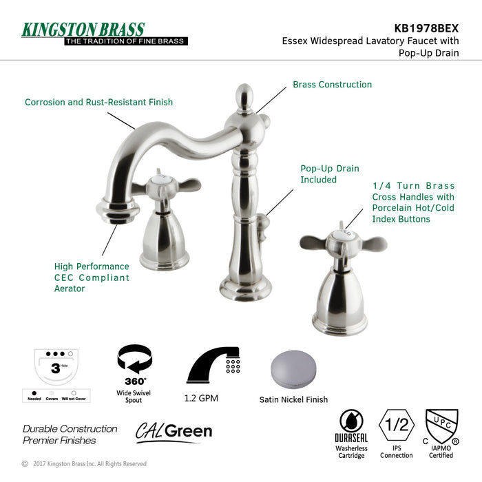 Essex KB1978BEX Two-Handle 3-Hole Deck Mount Widespread Bathroom Faucet with Plastic Pop-Up, Brushed Nickel