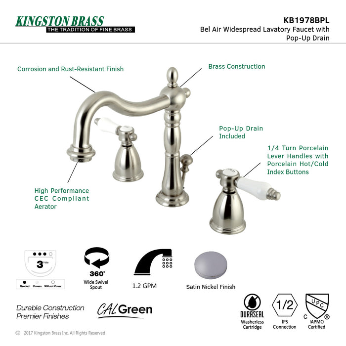 Bel-Air KB1978BPL Two-Handle 3-Hole Deck Mount Widespread Bathroom Faucet with Plastic Pop-Up, Brushed Nickel