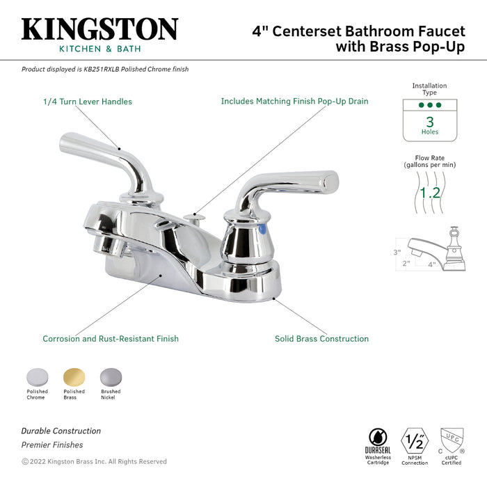 Restoration KB251RXLB Two-Handle 3-Hole Deck Mount 4" Centerset Bathroom Faucet with Brass Pop-Up, Polished Chrome