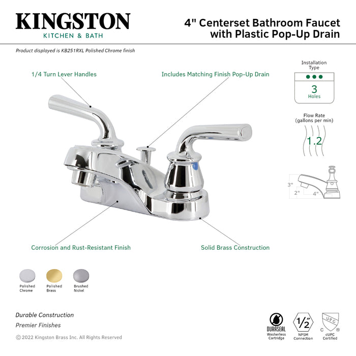 Restoration KB252RXL Two-Handle 3-Hole Deck Mount 4" Centerset Bathroom Faucet with Plastic Pop-Up, Polished Brass