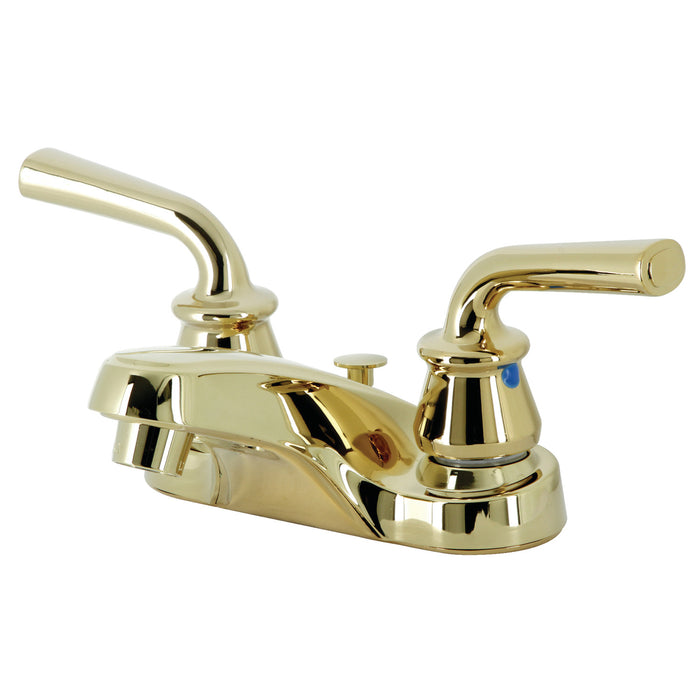 Restoration KB252RXL Two-Handle 3-Hole Deck Mount 4" Centerset Bathroom Faucet with Plastic Pop-Up, Polished Brass
