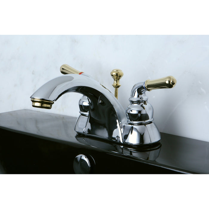 Naples KB2624 Two-Handle 3-Hole Deck Mount 4" Centerset Bathroom Faucet with Plastic Pop-Up, Polished Chrome/Polished Brass