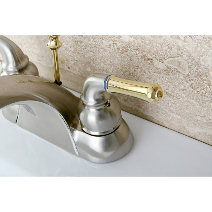 Naples KB2629 Two-Handle 3-Hole Deck Mount 4" Centerset Bathroom Faucet with Plastic Pop-Up, Brushed Nickel/Polished Brass