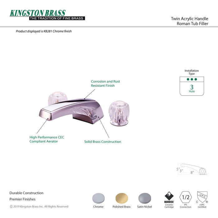 KB282 Two-Handle 3-Hole Deck Mount Roman Tub Faucet, Polished Brass