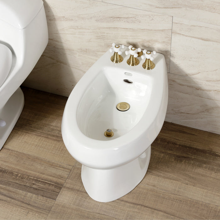 Kingston Heirloom KB327PX - Victorian Three-Handle Deck Mount Vertical Spray Bidet Faucet with Brass Pop-Up, Brushed Brass