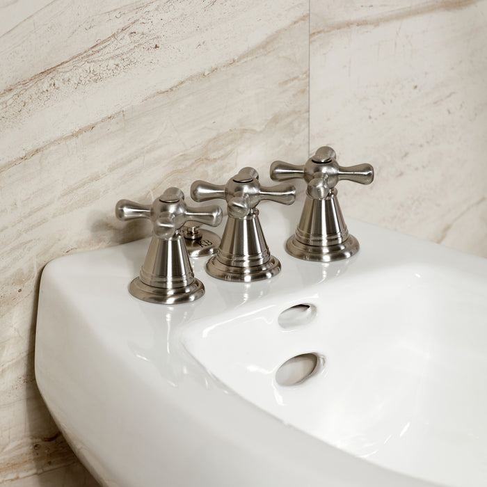 Kingston Heirloom KB328AX - Victorian Three-Handle Deck Mount Vertical Spray Bidet Faucet with Brass Pop-Up, Brushed Nickel