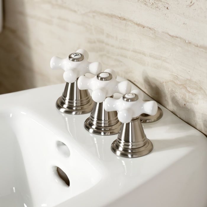 Kingston Heirloom KB328PX - Victorian Three-Handle Deck Mount Vertical Spray Bidet Faucet with Brass Pop-Up, Brushed Nickel