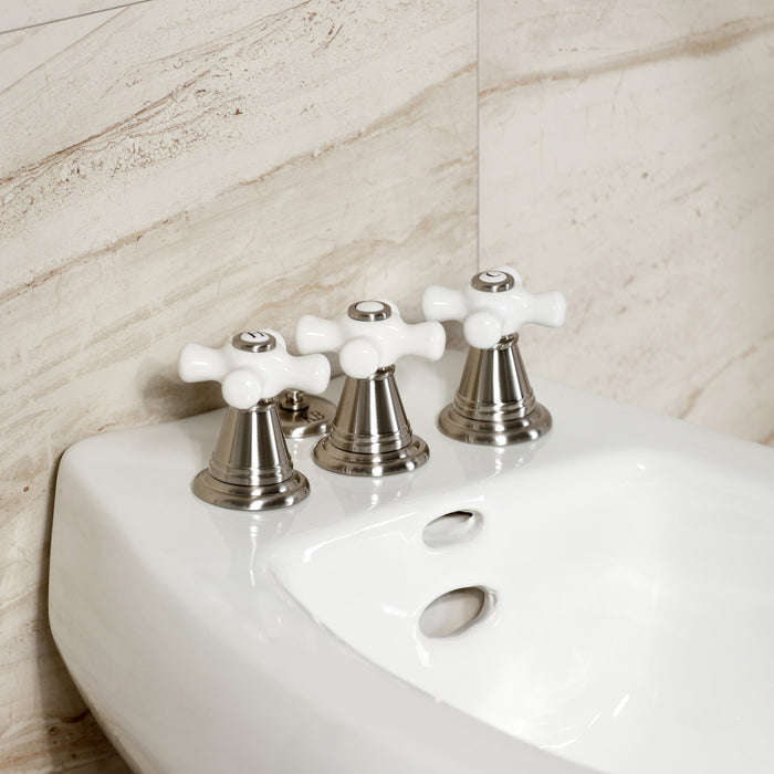 Kingston Heirloom KB328PX - Victorian Three-Handle Deck Mount Vertical Spray Bidet Faucet with Brass Pop-Up, Brushed Nickel