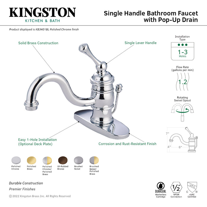 Victorian KB3404BL Single-Handle 1-Hole Deck Mount Bathroom Faucet with Plastic Pop-Up, Polished Chrome/Polished Brass