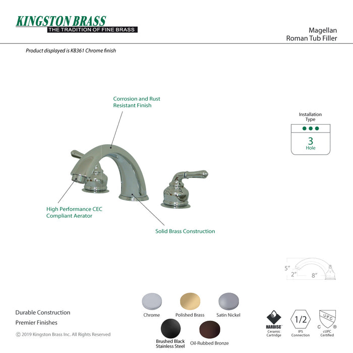 Kingston Tulare KB361 - Magellan Two-Handle 3-Hole Deck Mount Roman Tub Faucet, Polished Chrome