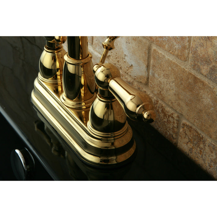 Restoration KB3612AL Two-Handle 3-Hole Deck Mount 4" Centerset Bathroom Faucet with Plastic Pop-Up, Polished Brass