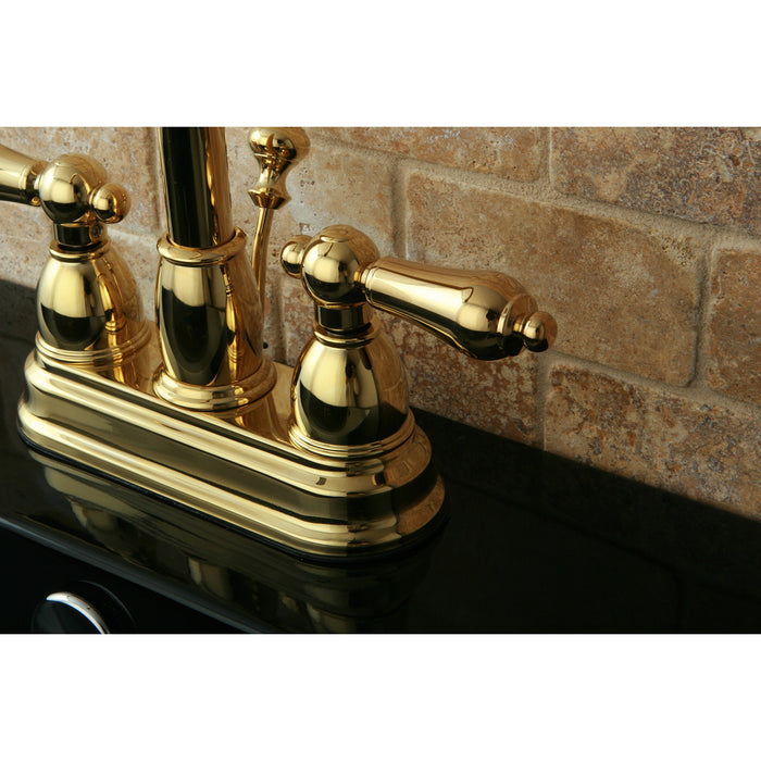 Restoration KB3612AL Two-Handle 3-Hole Deck Mount 4" Centerset Bathroom Faucet with Plastic Pop-Up, Polished Brass