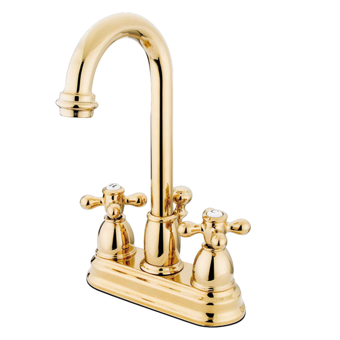 Restoration KB3612AX Two-Handle 3-Hole Deck Mount 4" Centerset Bathroom Faucet with Plastic Pop-Up, Polished Brass