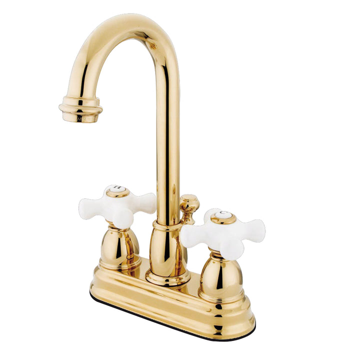 Restoration KB3612PX Two-Handle 3-Hole Deck Mount 4" Centerset Bathroom Faucet with Plastic Pop-Up, Polished Brass