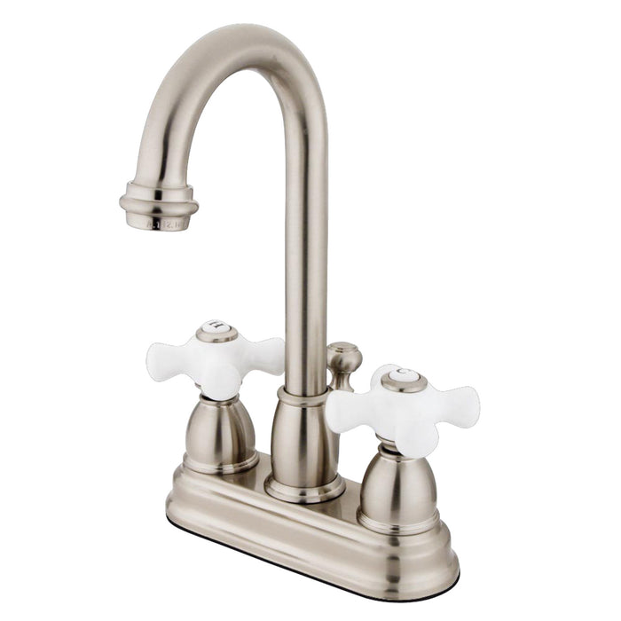 Kingston Tulare KB3618PX - Restoration Double-Handle 3-Hole Deck Mount 4-Inch Centerset Bathroom Faucet with Pop-Up Drain, Brushed Nickel