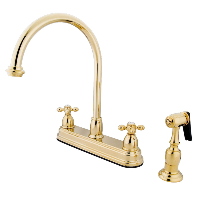 Restoration KB3752AXBS Two-Handle 4-Hole Deck Mount 8" Centerset Kitchen Faucet with Side Sprayer, Polished Brass