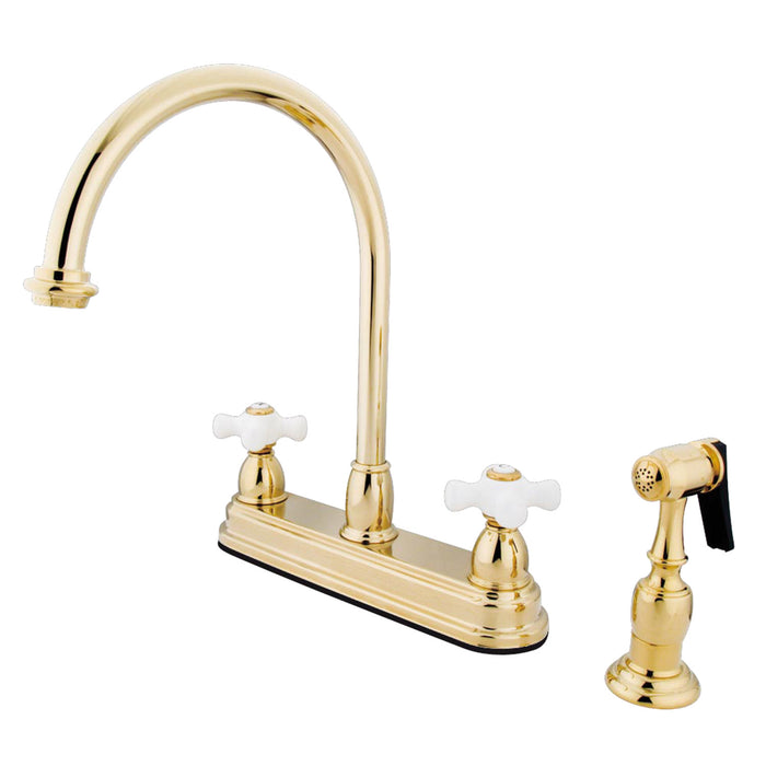 Restoration KB3752PXBS Two-Handle 4-Hole Deck Mount 8" Centerset Kitchen Faucet with Side Sprayer, Polished Brass
