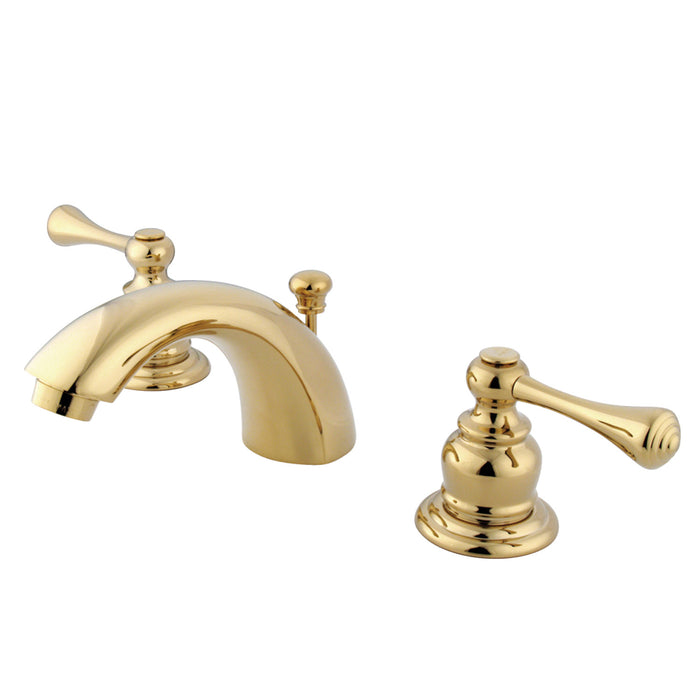 Vintage KB3942BL Two-Handle 3-Hole Deck Mount Mini-Widespread Bathroom Faucet with Plastic Pop-Up, Polished Brass