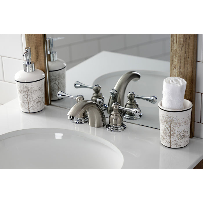 Vintage KB3947BL Two-Handle 3-Hole Deck Mount Mini-Widespread Bathroom Faucet with Plastic Pop-Up, Brushed Nickel/Polished Chrome