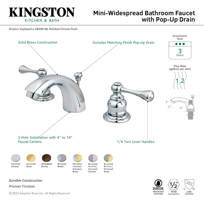 Vintage KB3948BL Two-Handle 3-Hole Deck Mount Mini-Widespread Bathroom Faucet with Plastic Pop-Up, Brushed Nickel