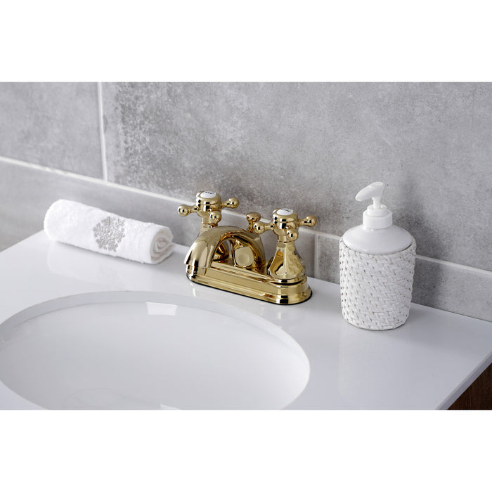 Metropolitan KB4602BX Two-Handle 3-Hole Deck Mount 4" Centerset Bathroom Faucet with Plastic Pop-Up, Polished Brass