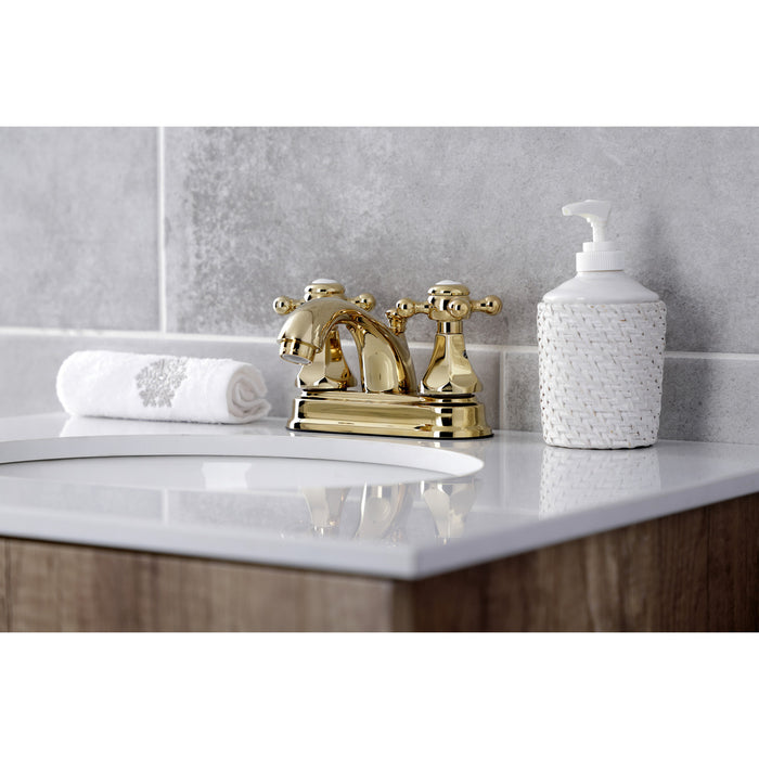 Metropolitan KB4602BX Two-Handle 3-Hole Deck Mount 4" Centerset Bathroom Faucet with Plastic Pop-Up, Polished Brass