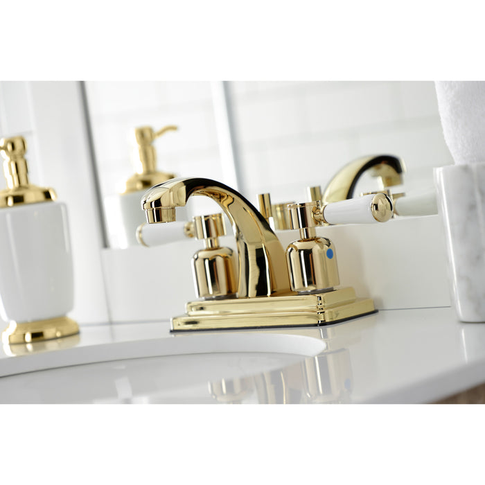 Paris KB4642DPL Two-Handle 3-Hole Deck Mount 4" Centerset Bathroom Faucet with Plastic Pop-Up, Polished Brass