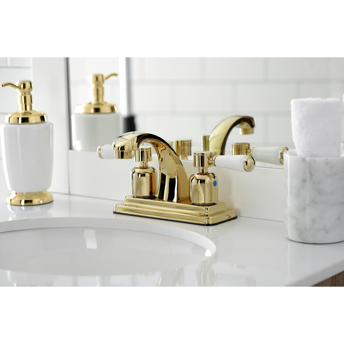 Paris KB4642DPL Two-Handle 3-Hole Deck Mount 4" Centerset Bathroom Faucet with Plastic Pop-Up, Polished Brass