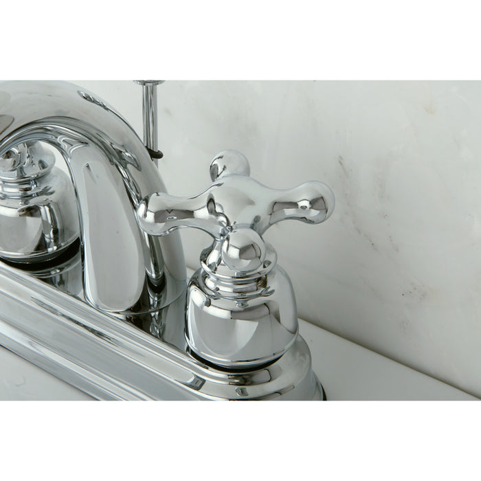 Restoration KB5611AX Two-Handle 3-Hole Deck Mount 4" Centerset Bathroom Faucet with Plastic Pop-Up, Polished Chrome