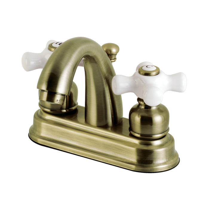 Restoration KB5613PX Two-Handle 3-Hole Deck Mount 4" Centerset Bathroom Faucet with Plastic Pop-Up, Antique Brass