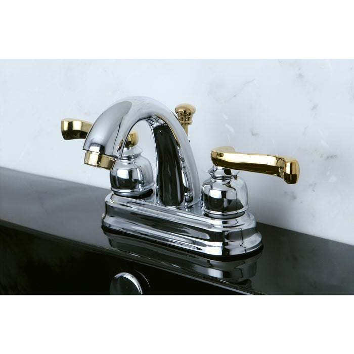 KB5614FL Two-Handle 3-Hole Deck Mount 4" Centerset Bathroom Faucet with Plastic Pop-Up, Polished Chrome/Polished Brass