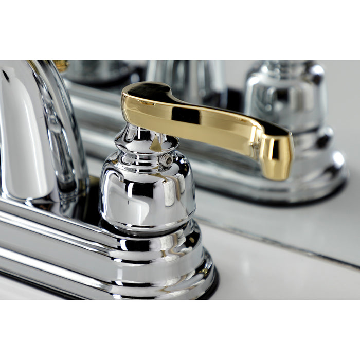 KB5614FL Two-Handle 3-Hole Deck Mount 4" Centerset Bathroom Faucet with Plastic Pop-Up, Polished Chrome/Polished Brass