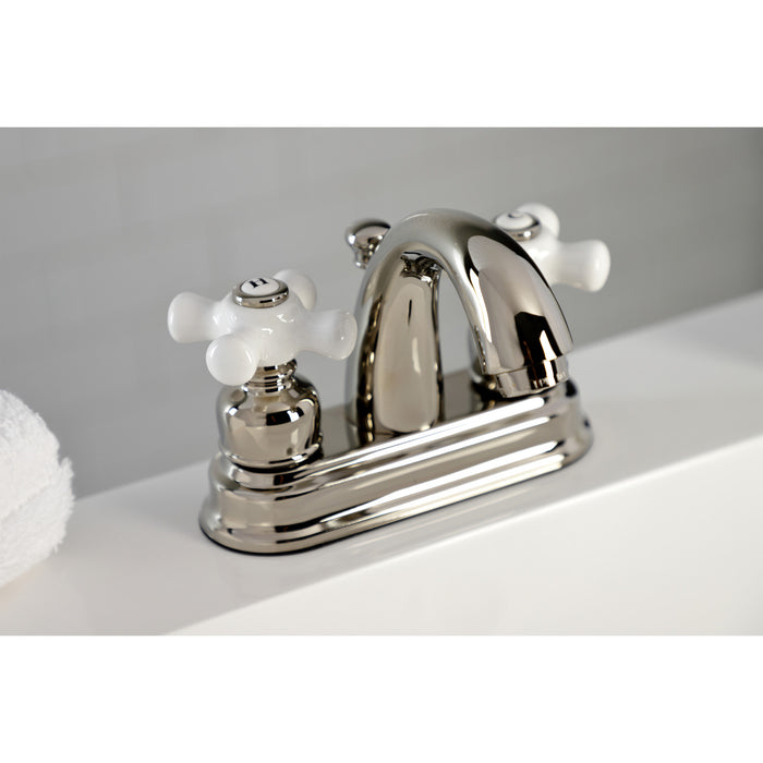 Restoration KB5616PX Two-Handle 3-Hole Deck Mount 4" Centerset Bathroom Faucet with Plastic Pop-Up, Polished Nickel