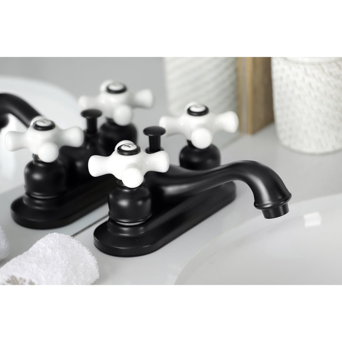 Kingston Heirloom KB600PX - Restoration Double-Handle 3-Hole Deck Mount 4-Inch Centerset Bathroom Faucet with Pop-Up Drain, Matte Black
