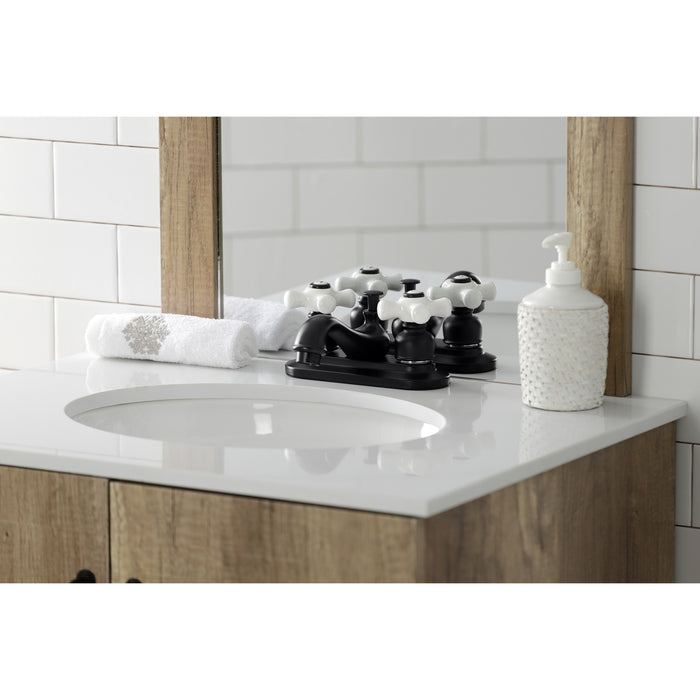 Kingston Heirloom KB600PX - Restoration Double-Handle 3-Hole Deck Mount 4-Inch Centerset Bathroom Faucet with Pop-Up Drain, Matte Black