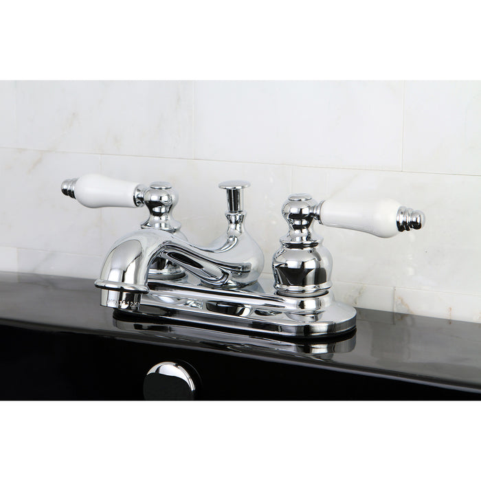 Restoration KB601B Two-Handle 3-Hole Deck Mount 4" Centerset Bathroom Faucet with Plastic Pop-Up, Polished Chrome