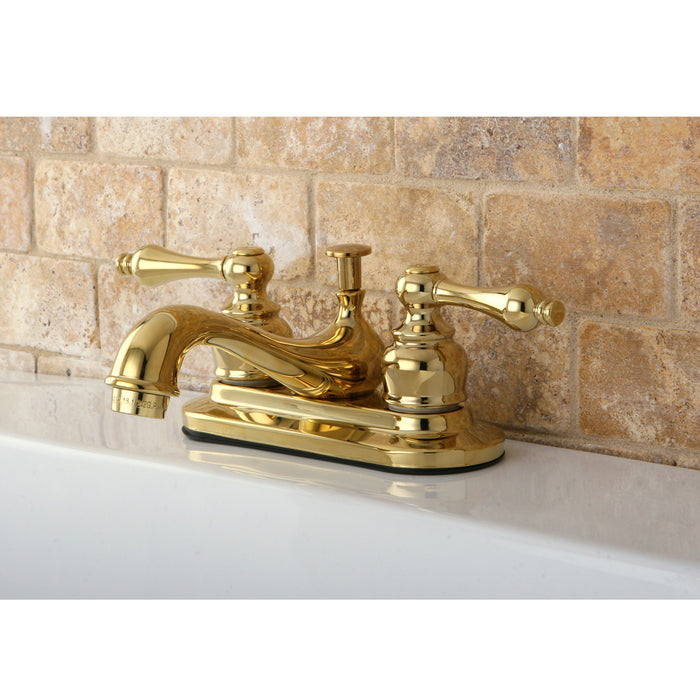 Restoration KB602AL Two-Handle 3-Hole Deck Mount 4" Centerset Bathroom Faucet with Plastic Pop-Up, Polished Brass